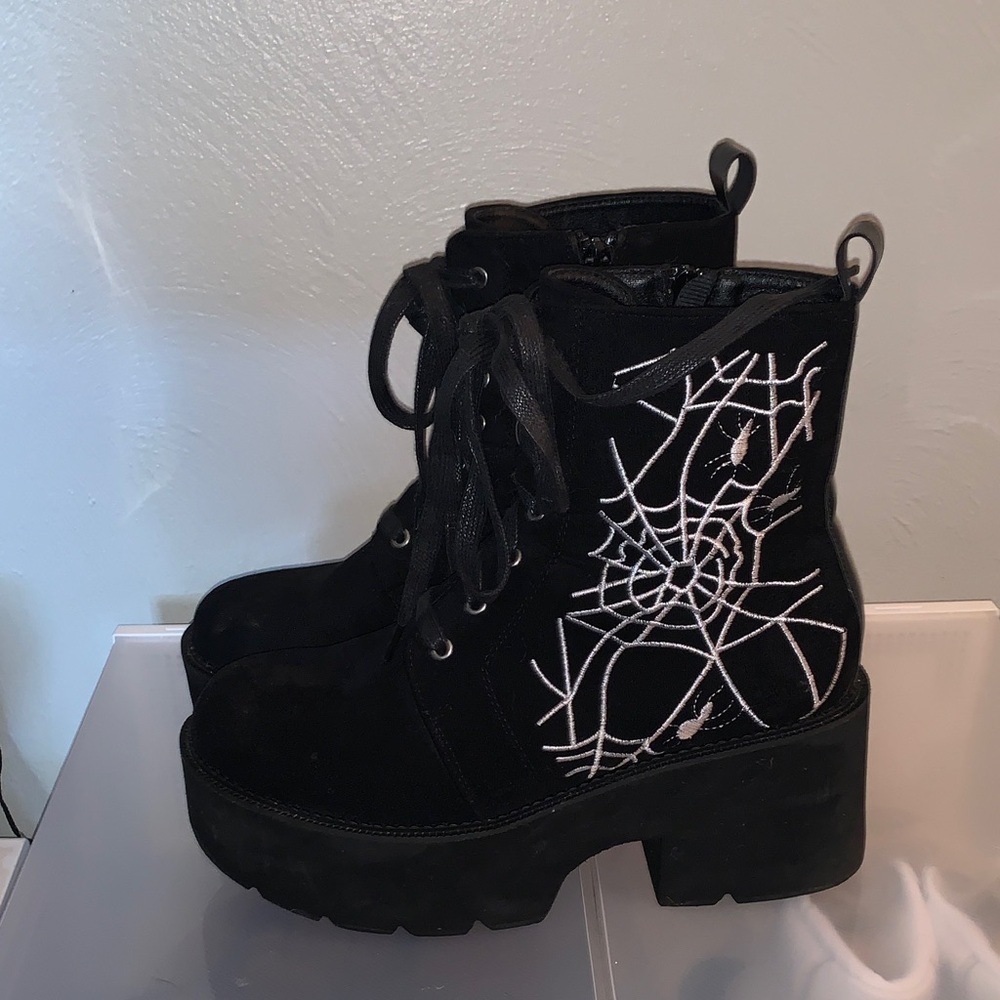 Black Platform Ankle Boots with Spider Web Design